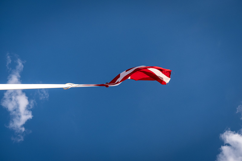 Die Dänische Flagge im Sonnenschein an der Dänischen Nordsee