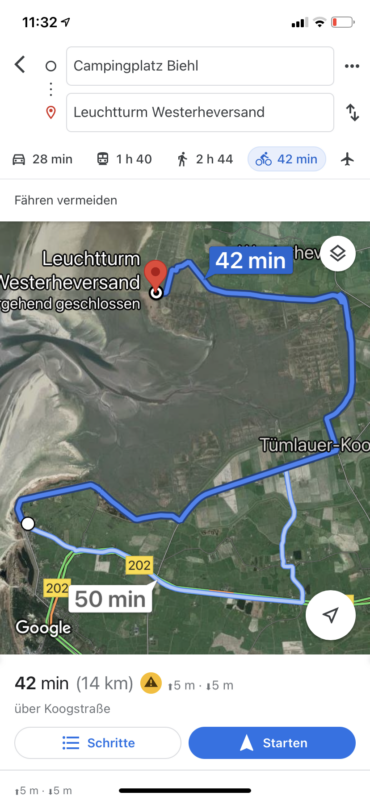 Meine Google Maps Fahrradroute zum Leuchtturm Westerheversand